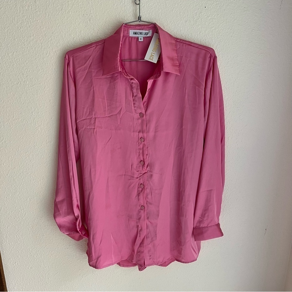 NWT Amazing Lace Pink Satin Shirt Dress